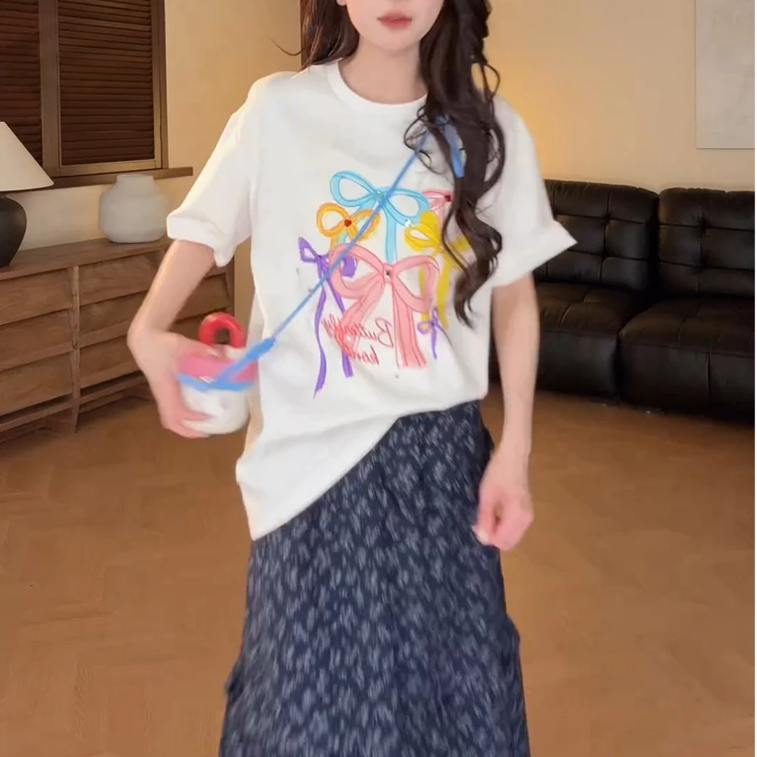 2025早春季新款蝴蝶结甜酷圆领上衣宽松显瘦白色百搭LK2501409