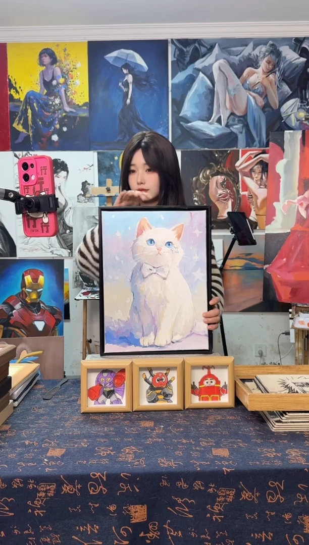 丙烯画9*蝴蝶结小白猫丙烯画y