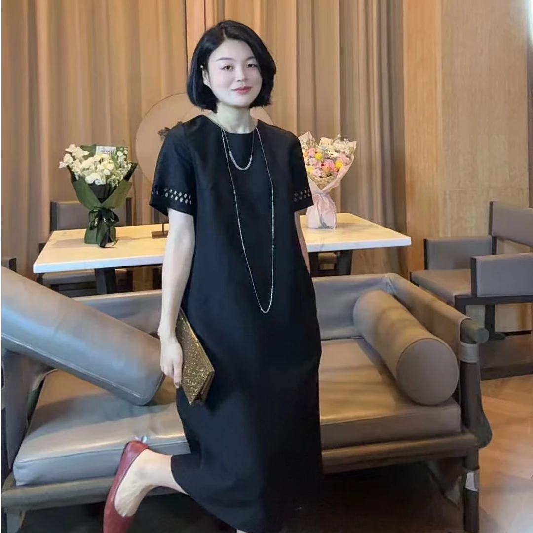 TANTAN  真丝香云纱 气质袖口圆孔连衣裙 LL  2213