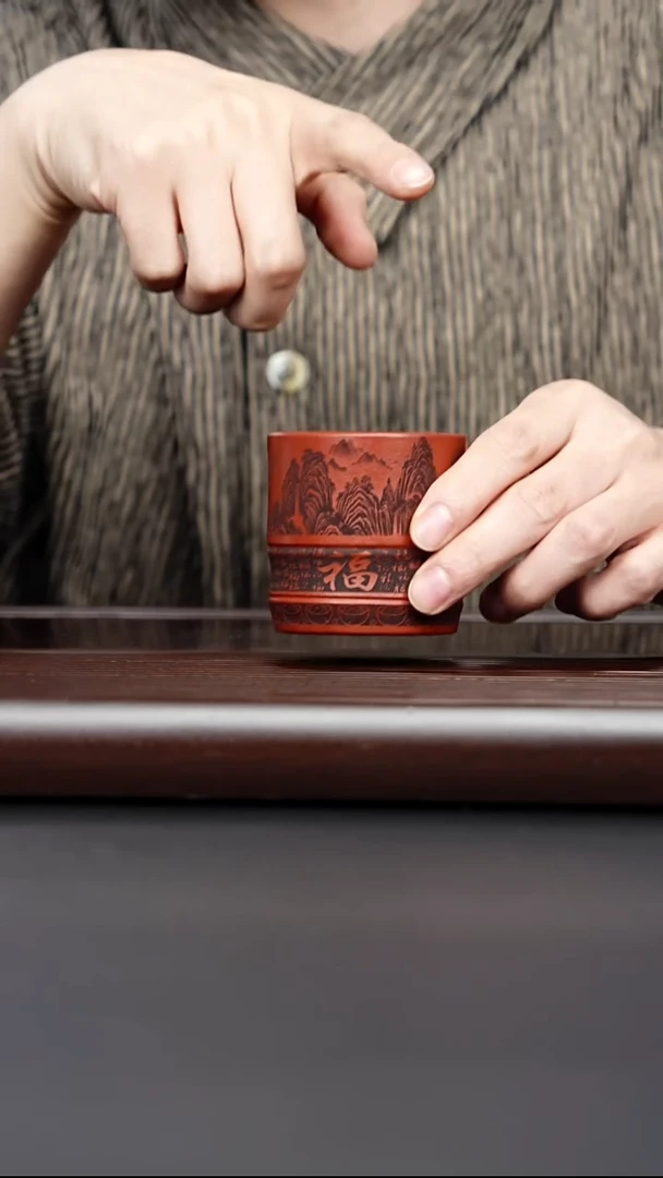 茶壶紫砂宜兴紫砂 朱泥大红袍 竹节山水福字杯 胡兵