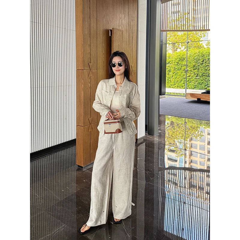 杨小妖诺丁山 松弛老钱感原色亚麻衬衫休闲裤女士套装开春25新款