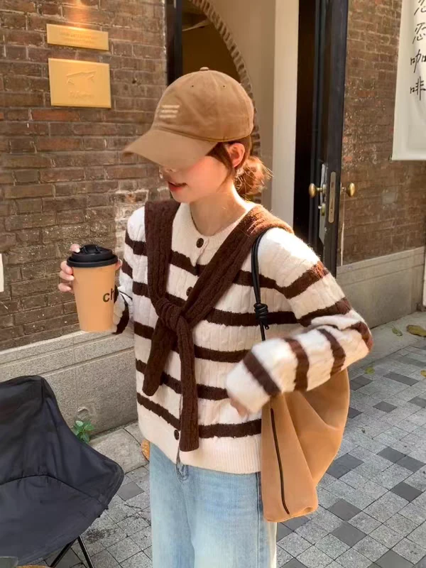 韩系慵懒风披肩复古条纹针织开衫女