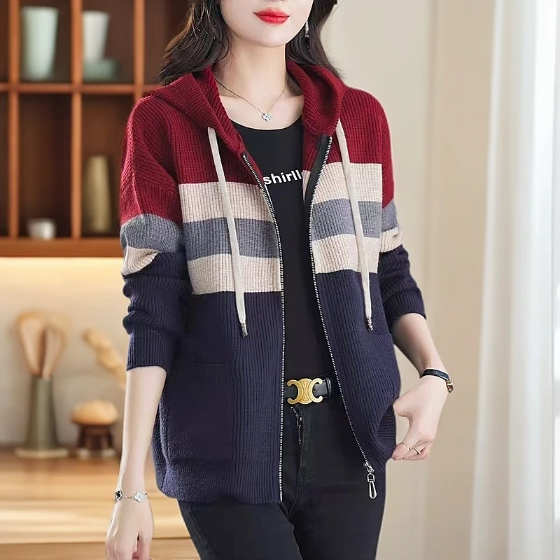 （80--160斤)爆款条纹连帽针织开衫秋冬时尚休闲百搭宽松显瘦大码