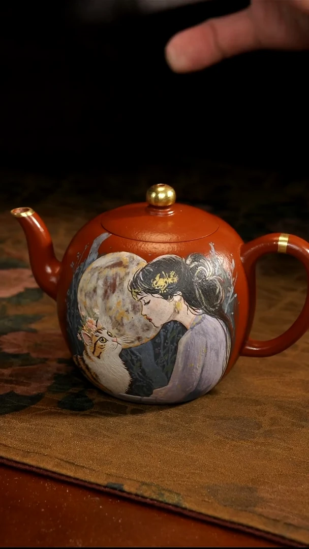 茶壶紫砂朱泥美女猫咪美人肩壶