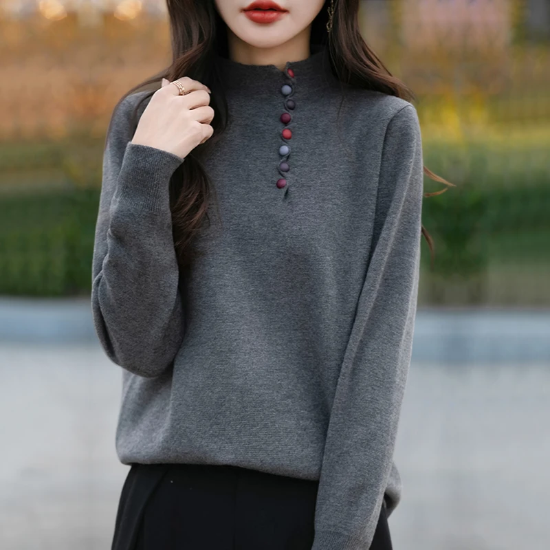 春秋大码半高领针织衫女宽松显瘦洋气彩扣上衣内搭秋冬打底衫毛衣