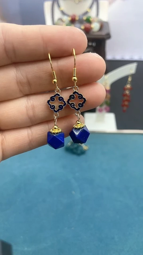 【闪购商品】青金石耳饰14K金镶嵌青金石多面耳钩