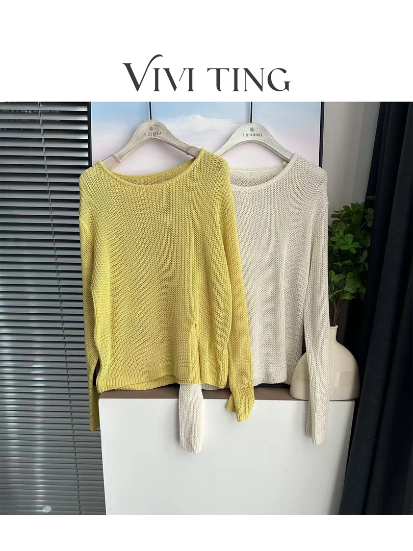 【VIVI·TING】婷姐推荐春装休闲百搭款纯色镂空下开叉长袖毛衣s226