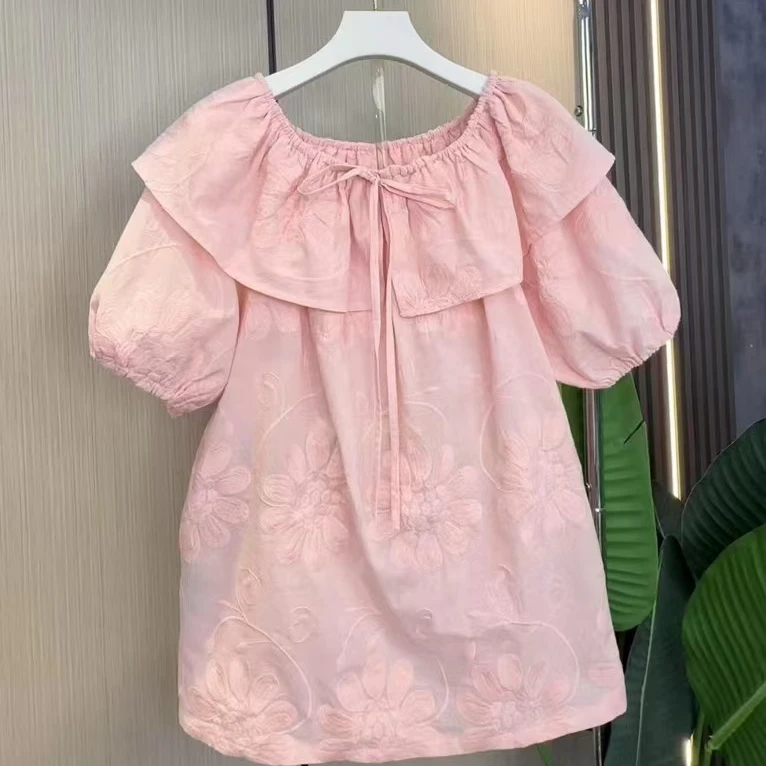 新款小众穿搭2025娃娃领系带设计感胖妹妹洋气百搭夏季短袖T恤