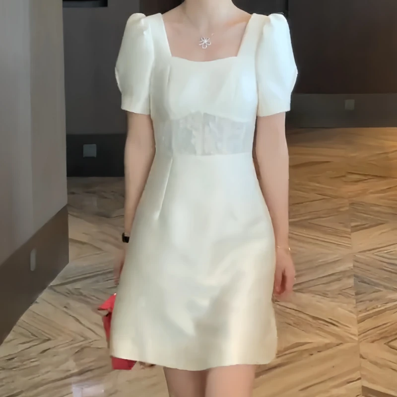 夏季胖mm时尚风简约风显瘦正肩方领连衣裙泡泡袖纯欲风白色连衣裙