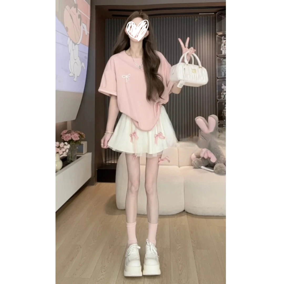 【两件套芭蕾蝴蝶结套装裙】温柔粉色圆领T桖+蛋糕半身裙9353