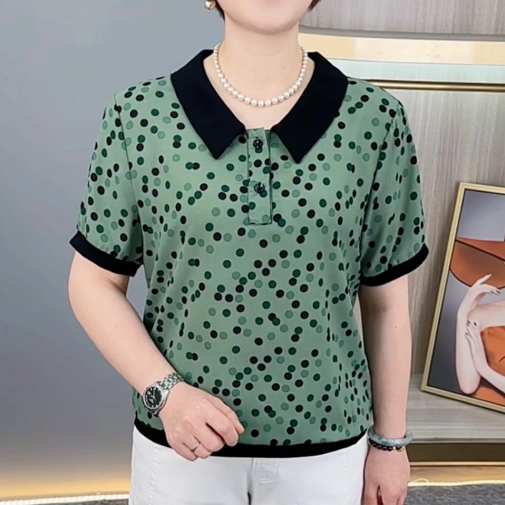 夏季新款时尚翻领印花薄款洋气妈妈装宽松休闲百搭短袖上衣H506