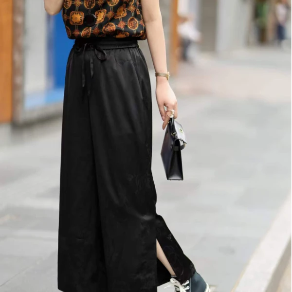 planets2025新款高端女装舒适百搭显瘦醋酸宽松系带直筒裤