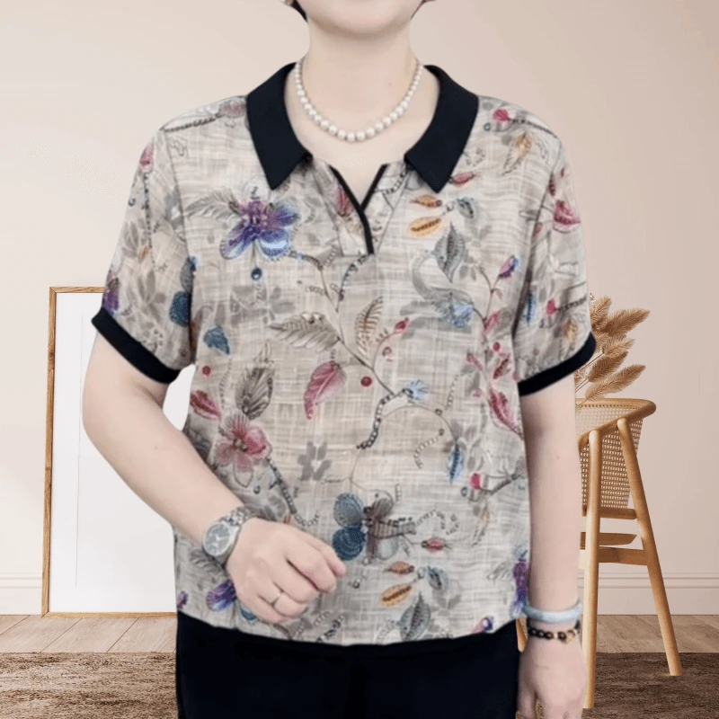时尚翻领印花气质减龄显瘦短袖上衣女夏装百搭休闲薄款小衫女士
