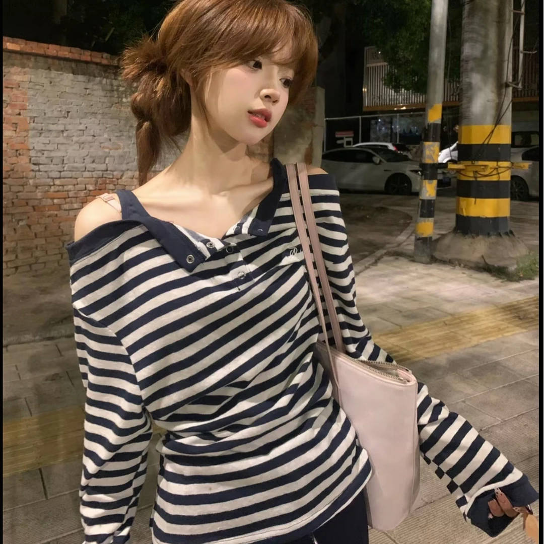 韩系条纹一字肩露锁骨长袖t恤女秋季辣妹宽松显瘦露肩假两件上衣