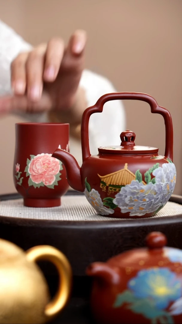 茶壶紫砂咖***奶朱泥吴经提梁泥绘白牡丹+杯