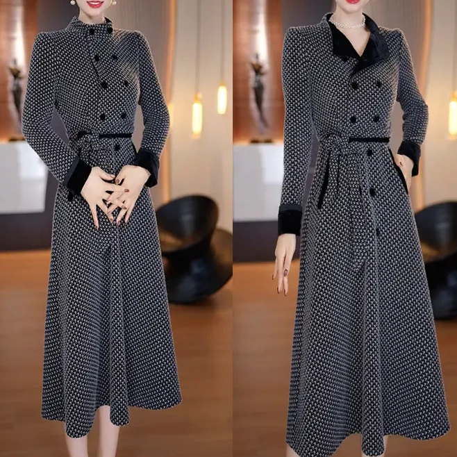 《送腰带》立领连衣裙冬季2024年新中式重工收腰气质加绒轻奢打底