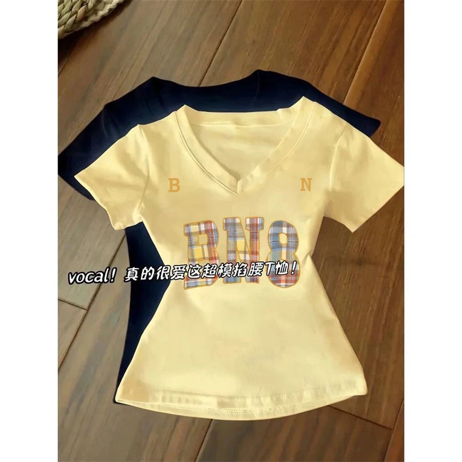 2025V领正肩短袖t恤女厚实盐系欧美风爆款简约百搭显瘦上衣潮