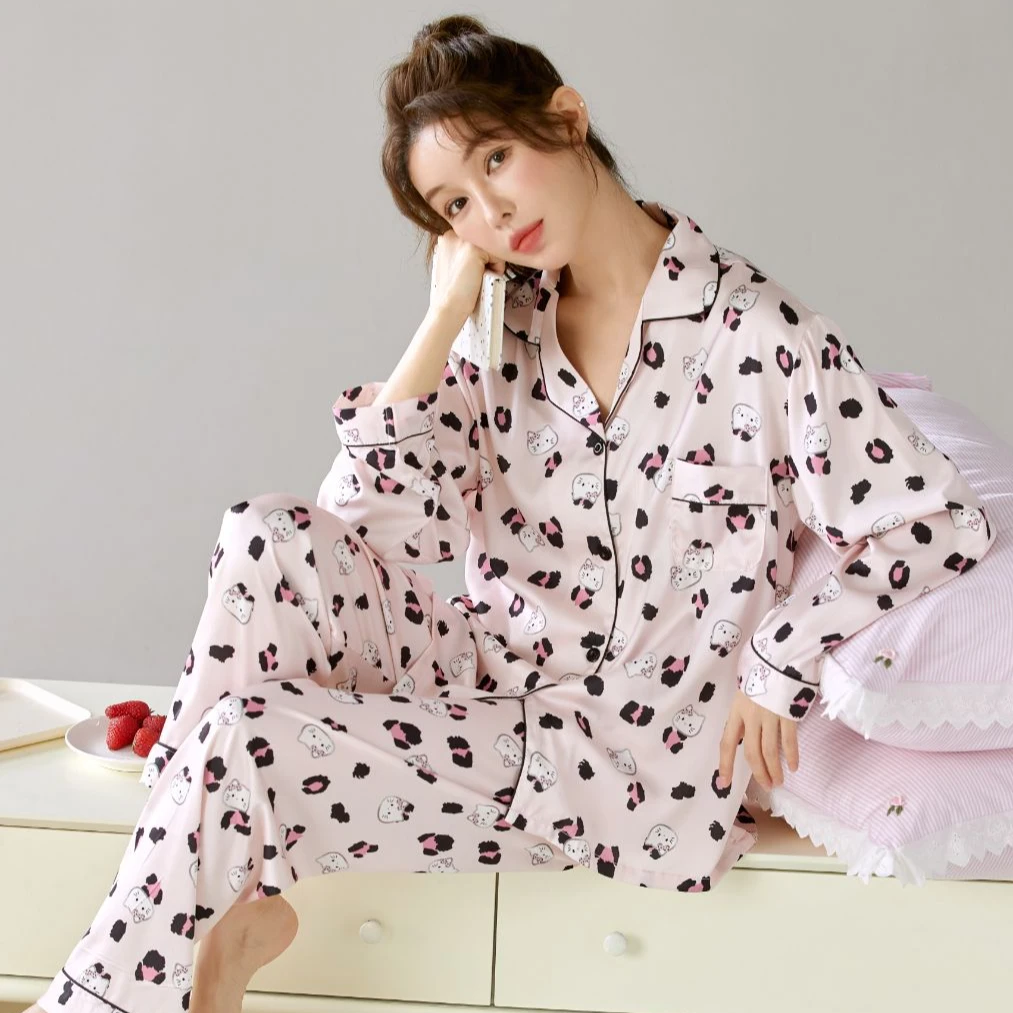 春夏甜美长袖显瘦碎花法宽松式印花女士韩版气质粉色家居服套装