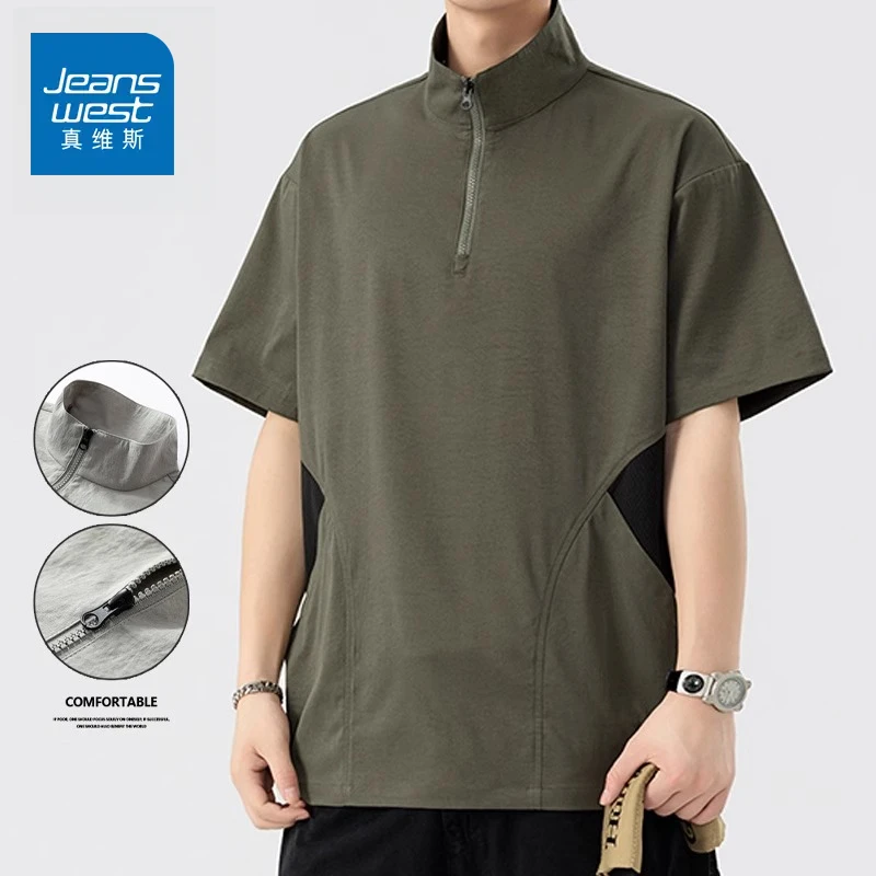 真维斯半拉链短袖Polo衫男夏季薄款2025新款宽松美式休闲半袖T恤