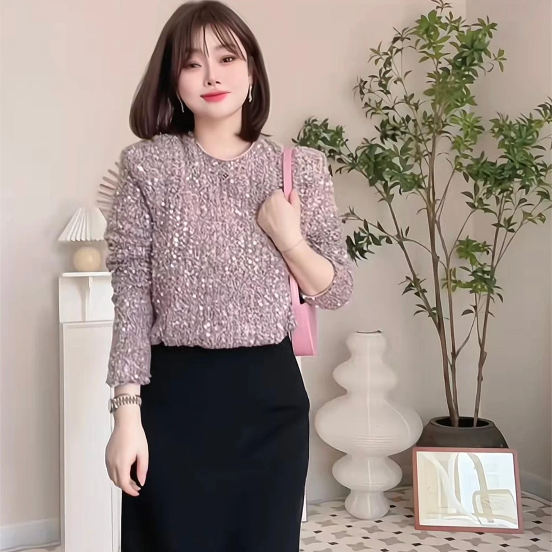 36《一云服饰》上新名媛时尚短款针织衫闪闪长袖亮片上衣
