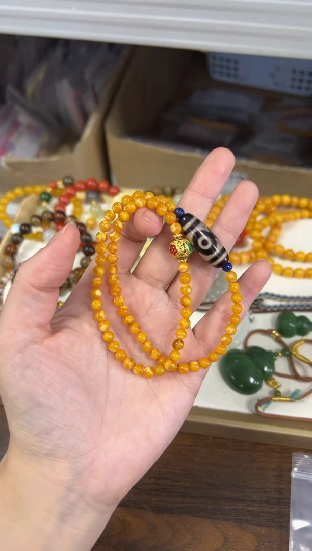 手链蜜蜡未镶嵌孤品老蜜蜡三眼珠设计款双圈手链[345]