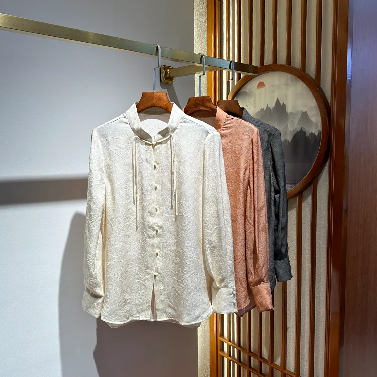 唐一真丝【100%桑蚕丝】春装新款国风小立领衬衣衬衫长袖外套