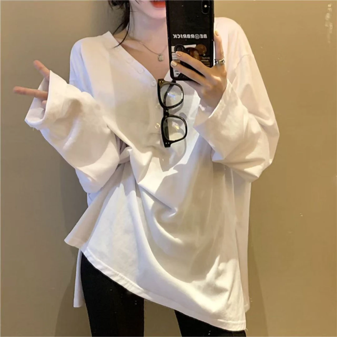 白色v领长袖t恤女秋季新款设计感小众慵懒风高级感百搭上衣