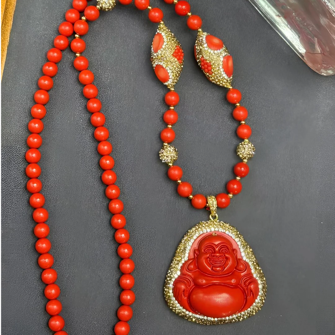 铜合金合成锆石吊坠 ZS红色大佛公项坠时尚轻奢百搭精美镶嵌1376