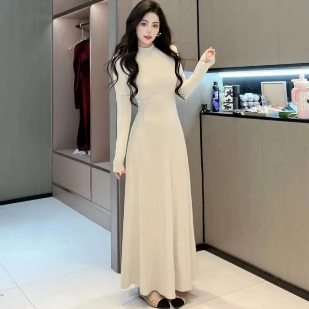 春秋厚款德绒气质大摆裙长袖保暖舒服连衣裙时尚优雅百搭大长裙