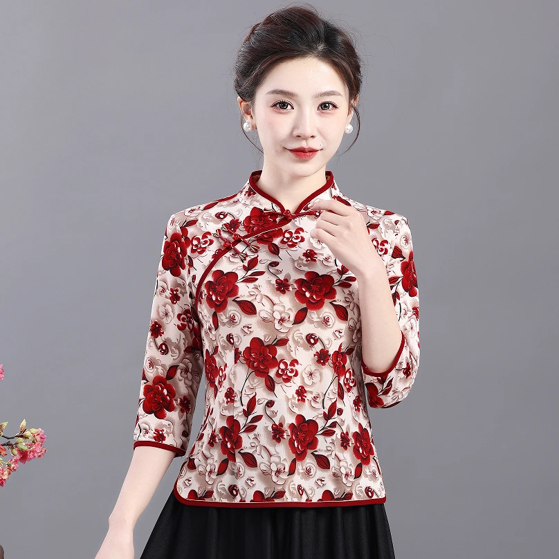 妈妈装春装旗袍上衣2025中老年女装盘扣国风斜襟小衫中式复古夏装