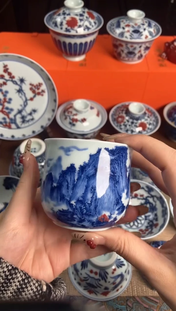 阳春白雪釉里红夏山图炉士杯