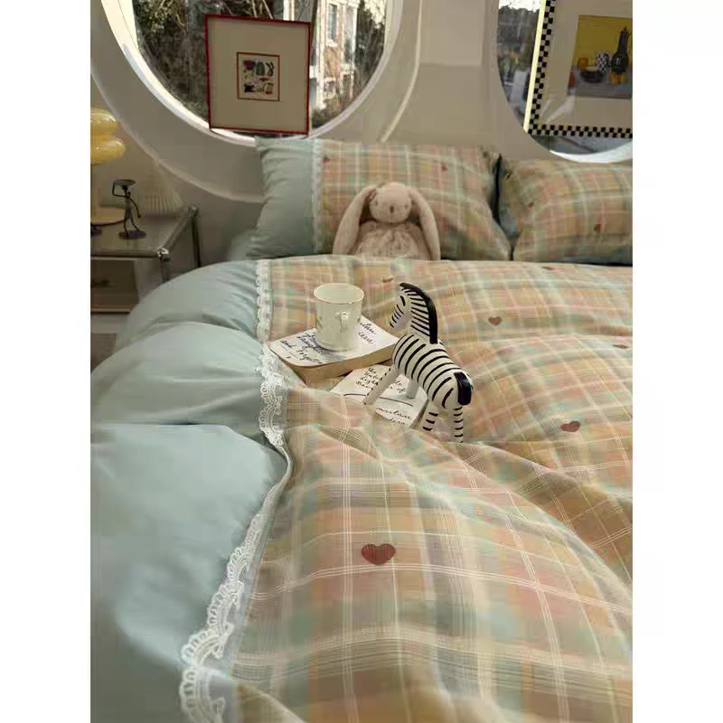 爆款蕾丝花边七彩方格大床单