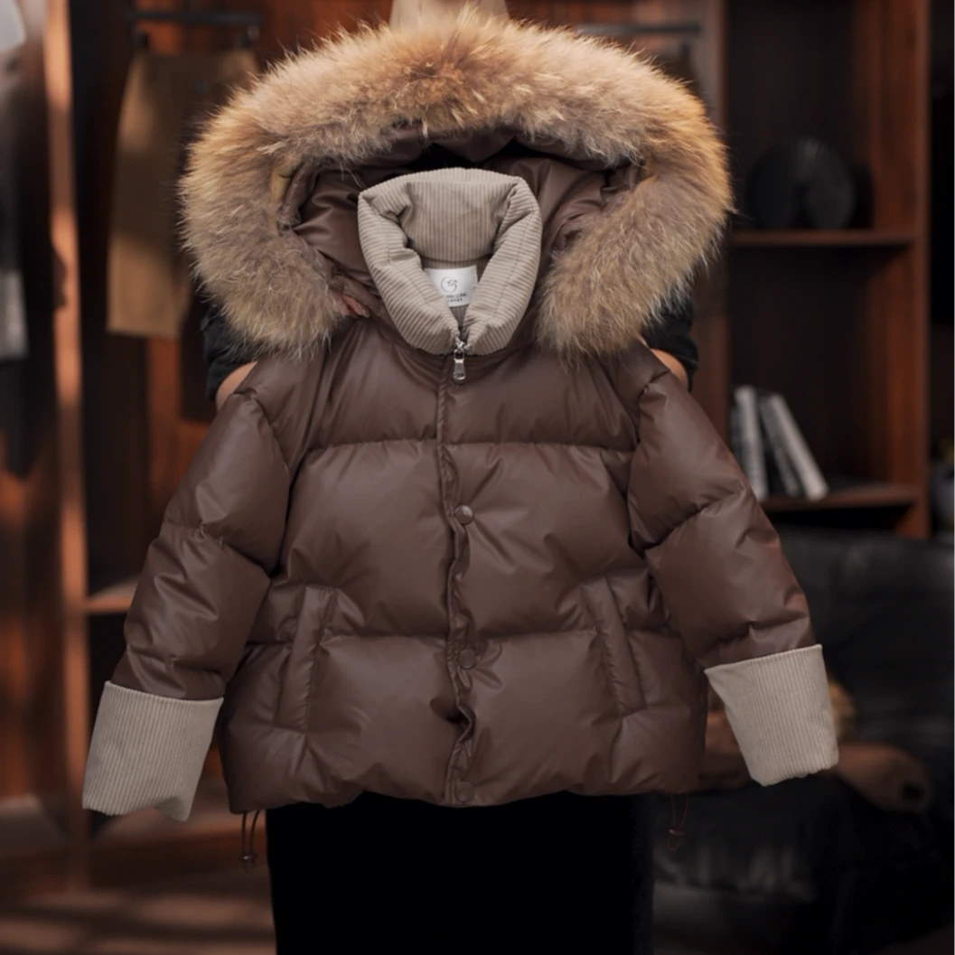 设计师原版儿童男女童中性百搭加厚大毛领假两件羽绒服