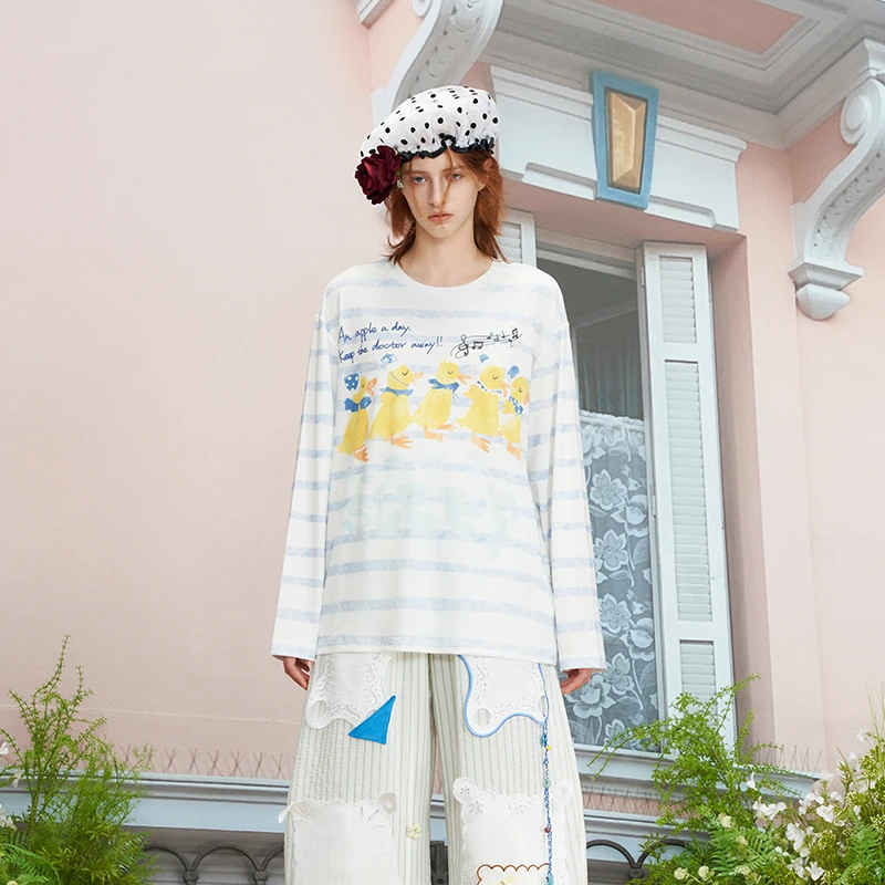 河岸家设计师CHEERi UPi结队梦游小黄鸭条纹长袖T恤25春