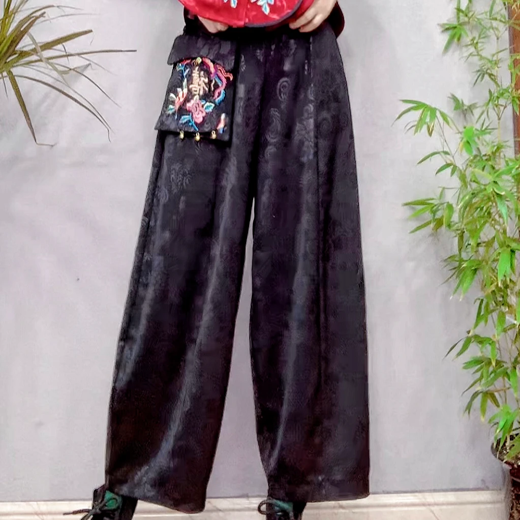 （裤长90左右）福禄寿喜喜字新年锦缎雕花刺绣休闲裤1009