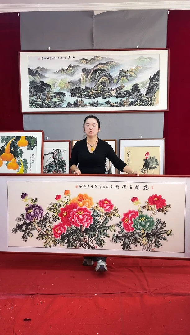 国画手绘牡丹203*83尺寸