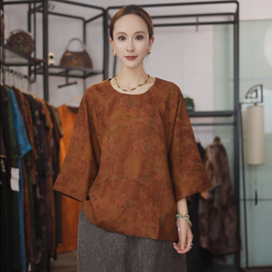 【金棕锦衫】斜襟中袖上衣长袖气质新中式332-金棕锦衫