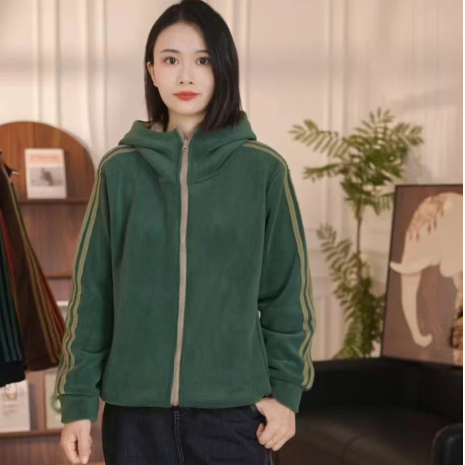 新款时尚百搭加绒连帽外套女显瘦减龄休闲上衣洋气卫衣潮拉条