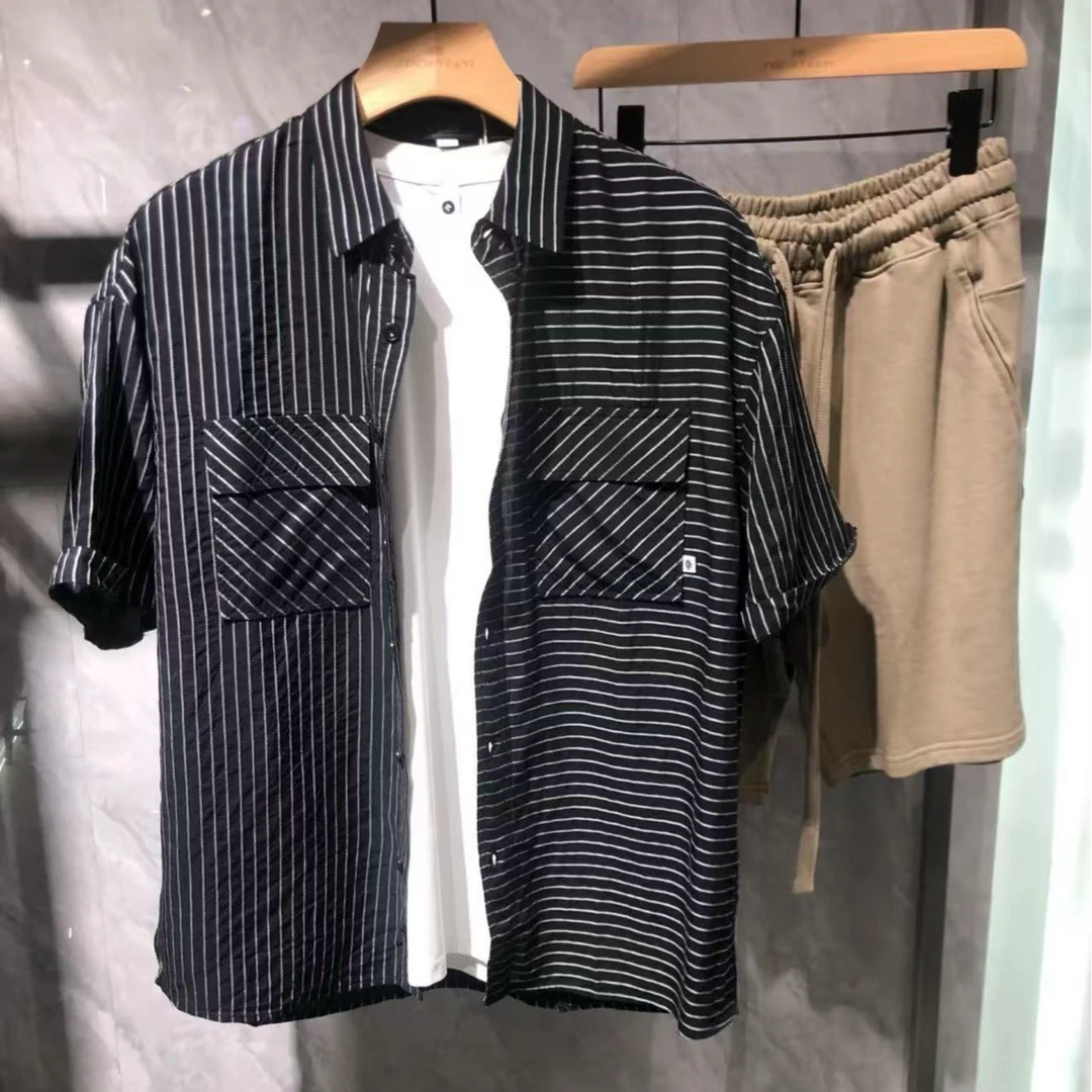 夏季拼接条纹男士衬衫