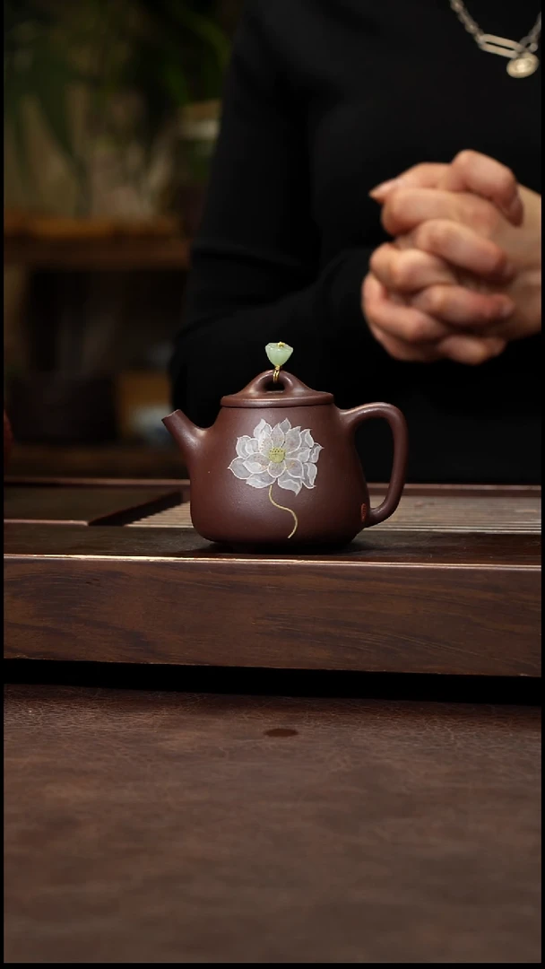 茶壶紫砂紫泥泥绘小高瓢120cc左右