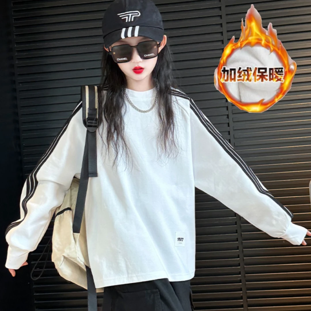女童打底衫秋季加绒新款儿童纯棉白色上衣女大童三条扛洋气长袖t