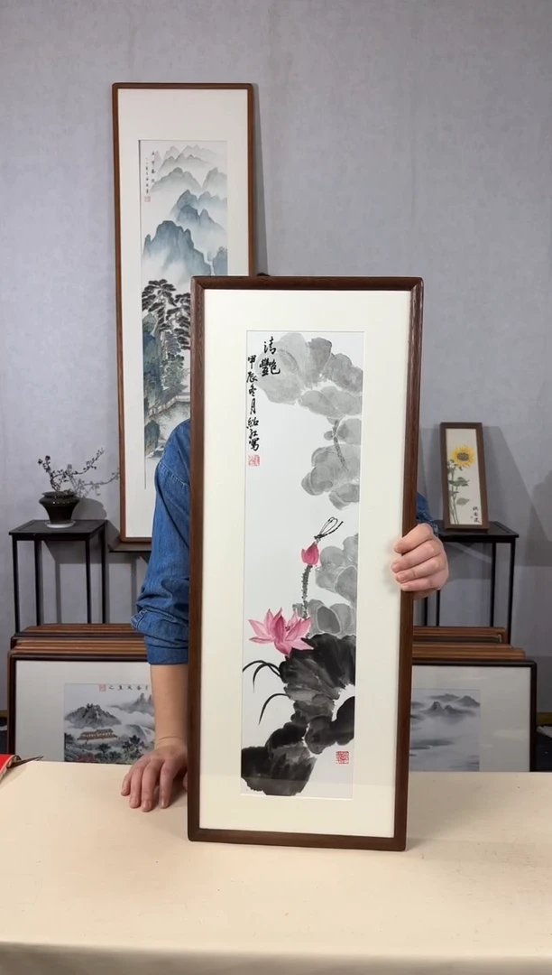 国画手绘*荷花*28*72cm实木框