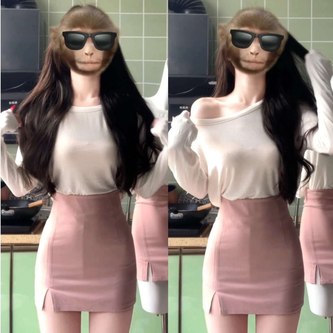 恋综女主！慵懒宽松斜肩两穿面膜t 灰粉高腰开叉包臀裙两件套装女