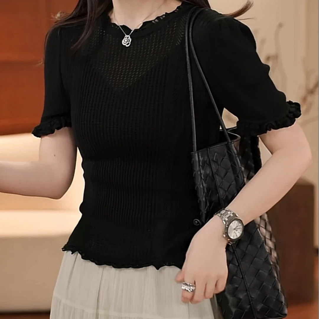 欧若风重磅修身百搭打底衫女2025新款春夏显瘦黑色圆领短袖针织衫