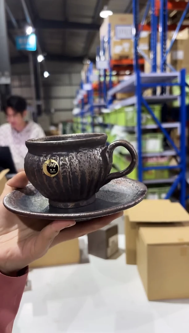 瓷黒釉彫 コーヒー碗皿黒釉彫 コーヒー碗皿