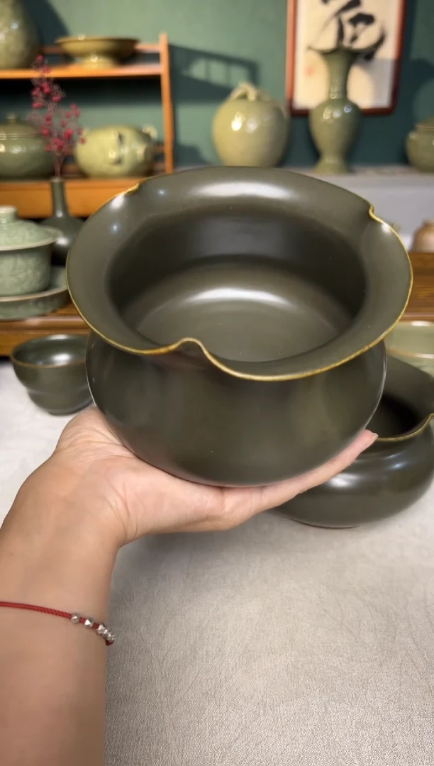 其他耀州窑纯手工茶叶末釉花口渣斗