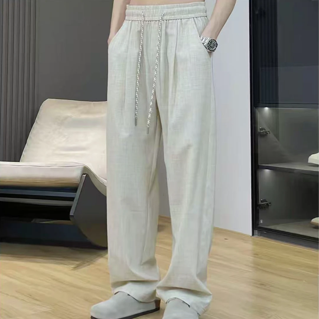 冰丝麻料男士休闲裤2025夏季新款潮牌褶皱阔腿裤垂感运动显瘦长裤