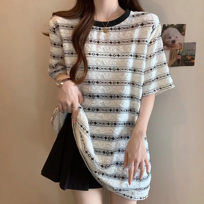 白色条纹短袖t恤新款镂空提花设计感韩版小众法式复古上衣休闲isn