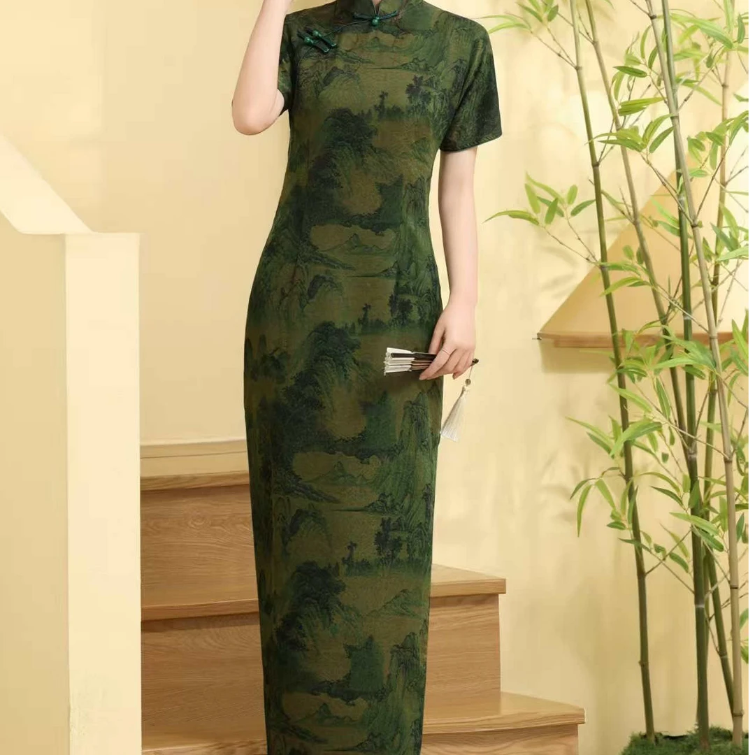 洋  新中式 100桑蚕丝提花花萝香云纱 旗袍裙  8025