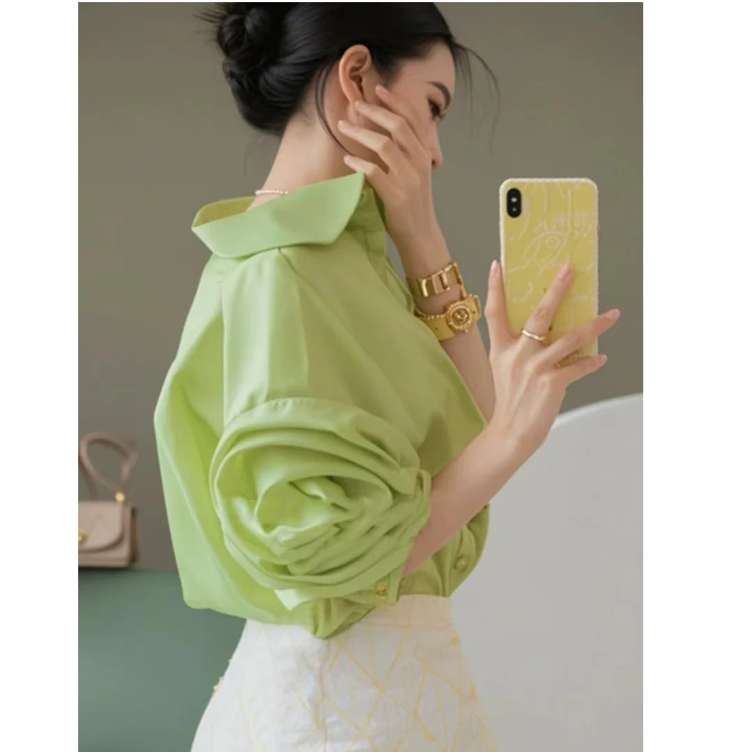 法式衬衫2025新款女高级感轻奢小众绝美气质 独特绿色玫瑰花上衣